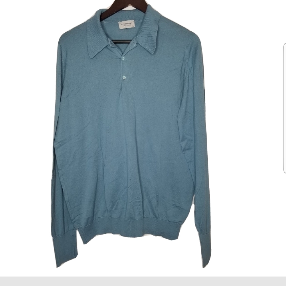 John Smedley Polo Longsleeves Sweater 100% sea Island Cotton Size XL Blue - Picture 1 of 7
